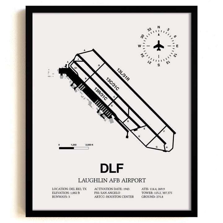 Framed Detailed Airport Map of Laughlin AFB Airport (DLF) in White with a Black Frame