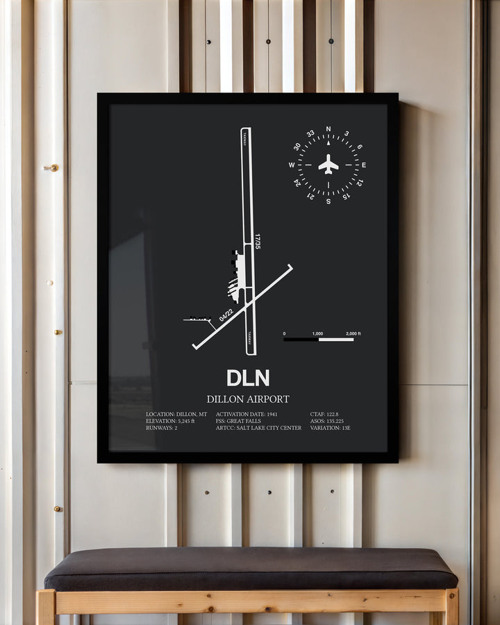 Framed Detailed Airport Map of Dillon Airport (DLN) in Gray with a Black Frame