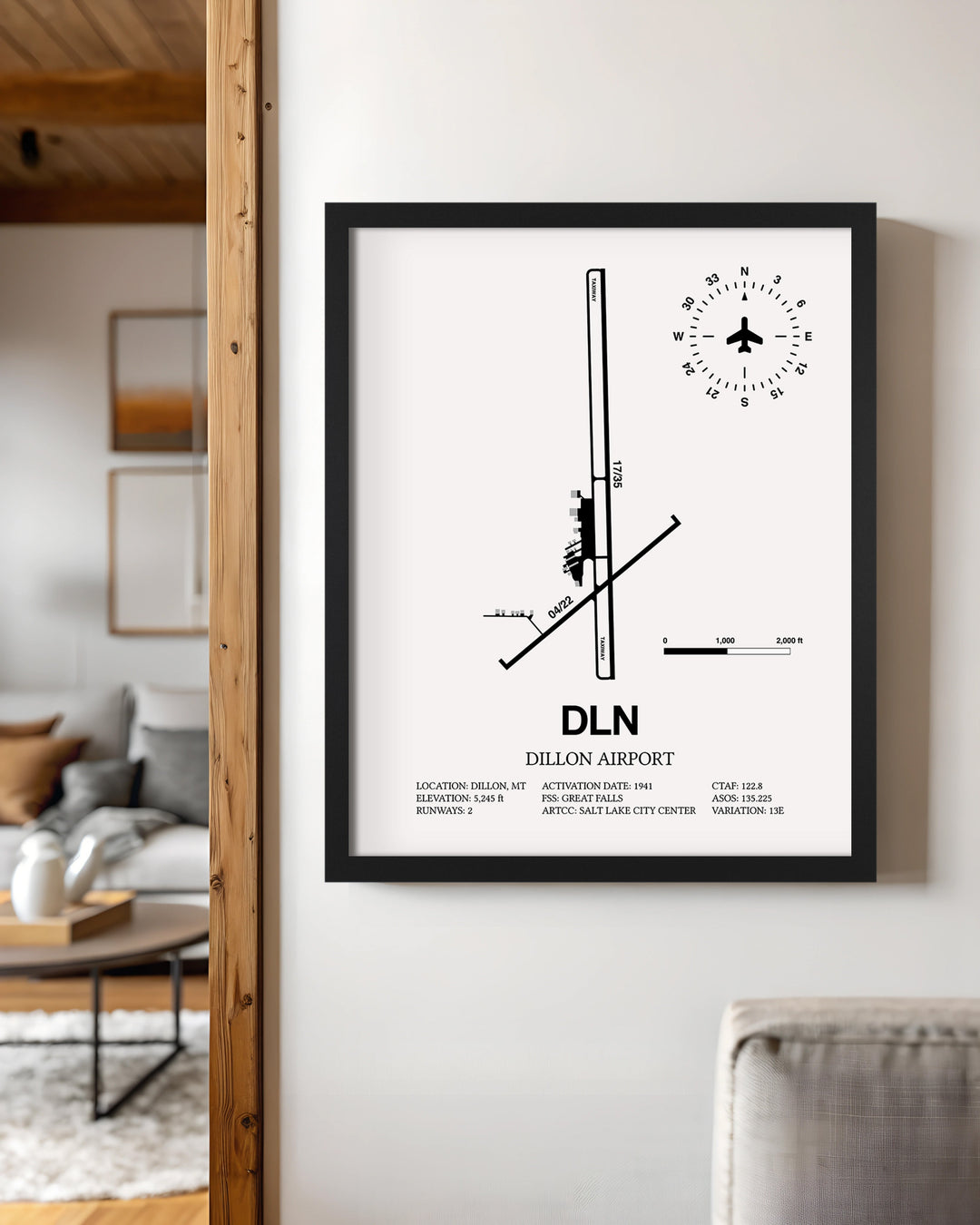 Framed Detailed Airport Map of Dillon Airport (DLN) in White with a Black Frame