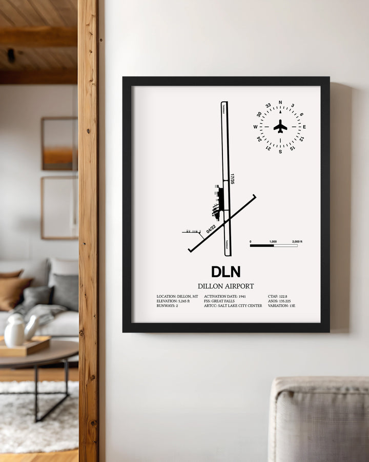 Framed Detailed Airport Map of Dillon Airport (DLN) in White with a Black Frame