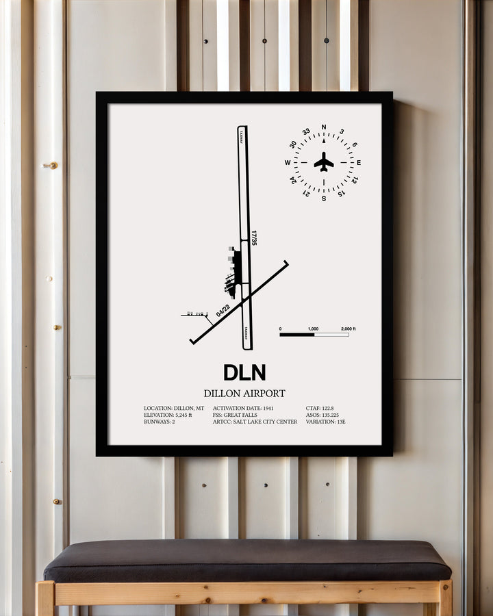 Framed Detailed Airport Map of Dillon Airport (DLN) in White with a Black Frame