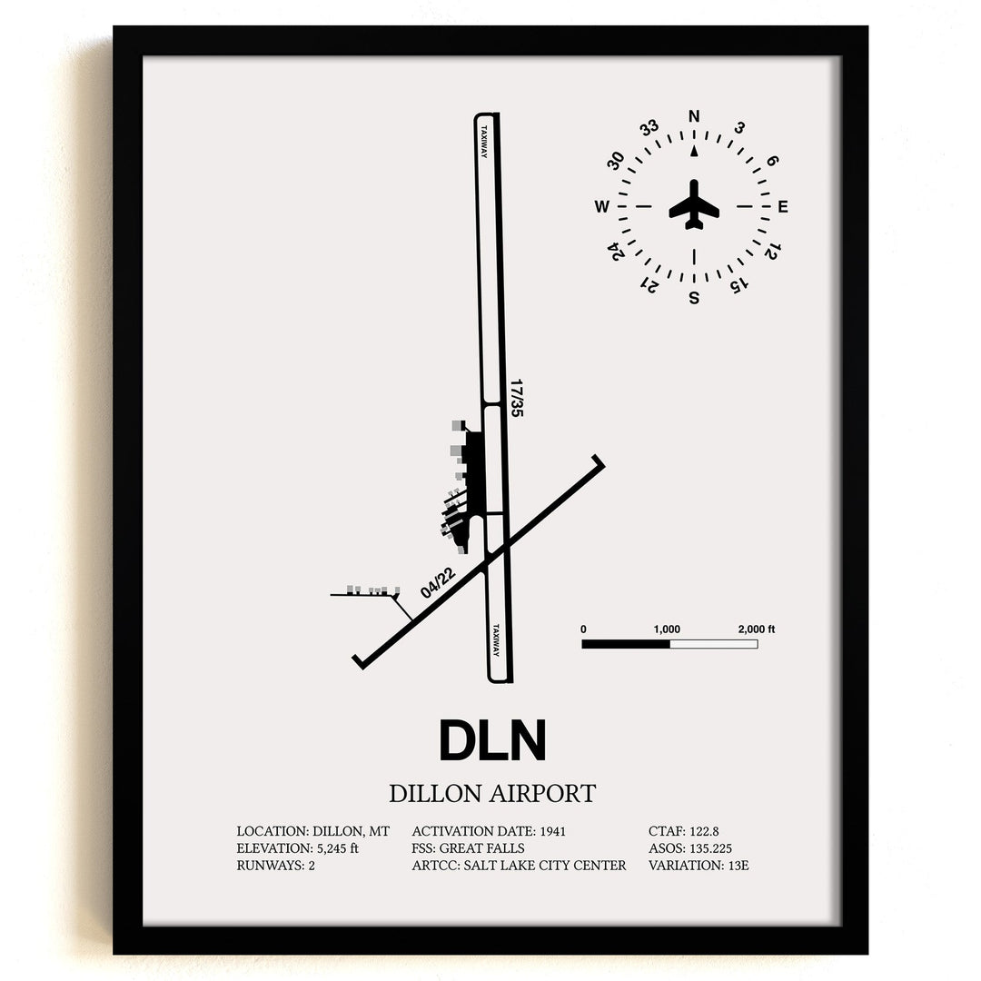 Framed Detailed Airport Map of Dillon Airport (DLN) in White with a Black Frame