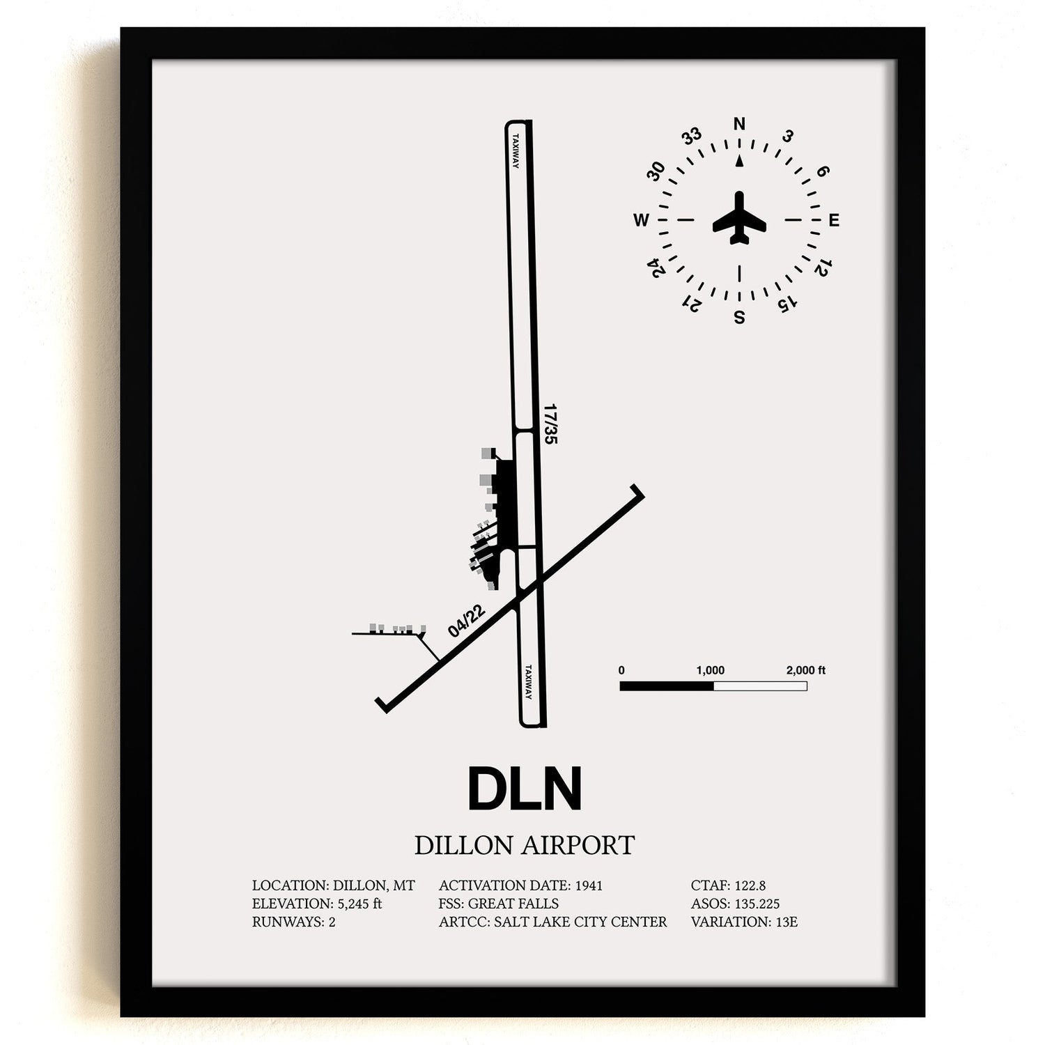 Framed Detailed Airport Map of Dillon Airport (DLN) in White with a Black Frame
