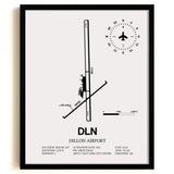 Framed Detailed Airport Map of Dillon Airport (DLN) in White with a Black Frame