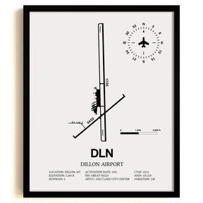 Framed Detailed Airport Map of Dillon Airport (DLN) in White with a Black Frame