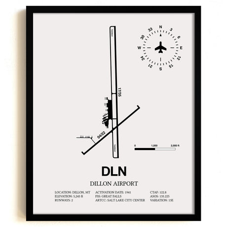 Framed Detailed Airport Map of Dillon Airport (DLN) in White with a Black Frame