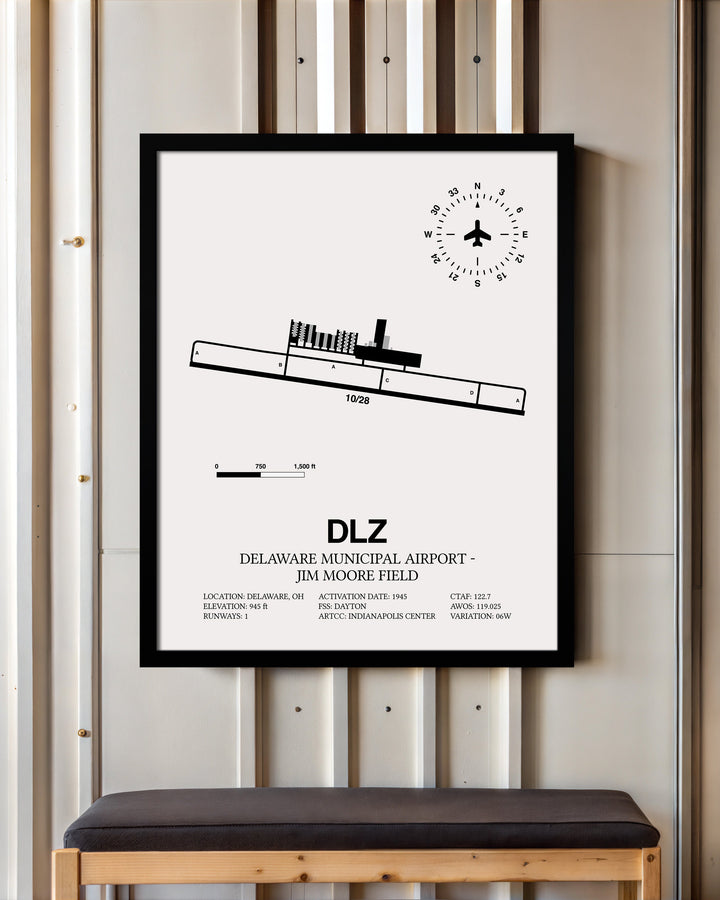Framed Detailed Airport Map of Delaware Municipal Airport - Jim Moore Field (DLZ) in White with a Black Frame