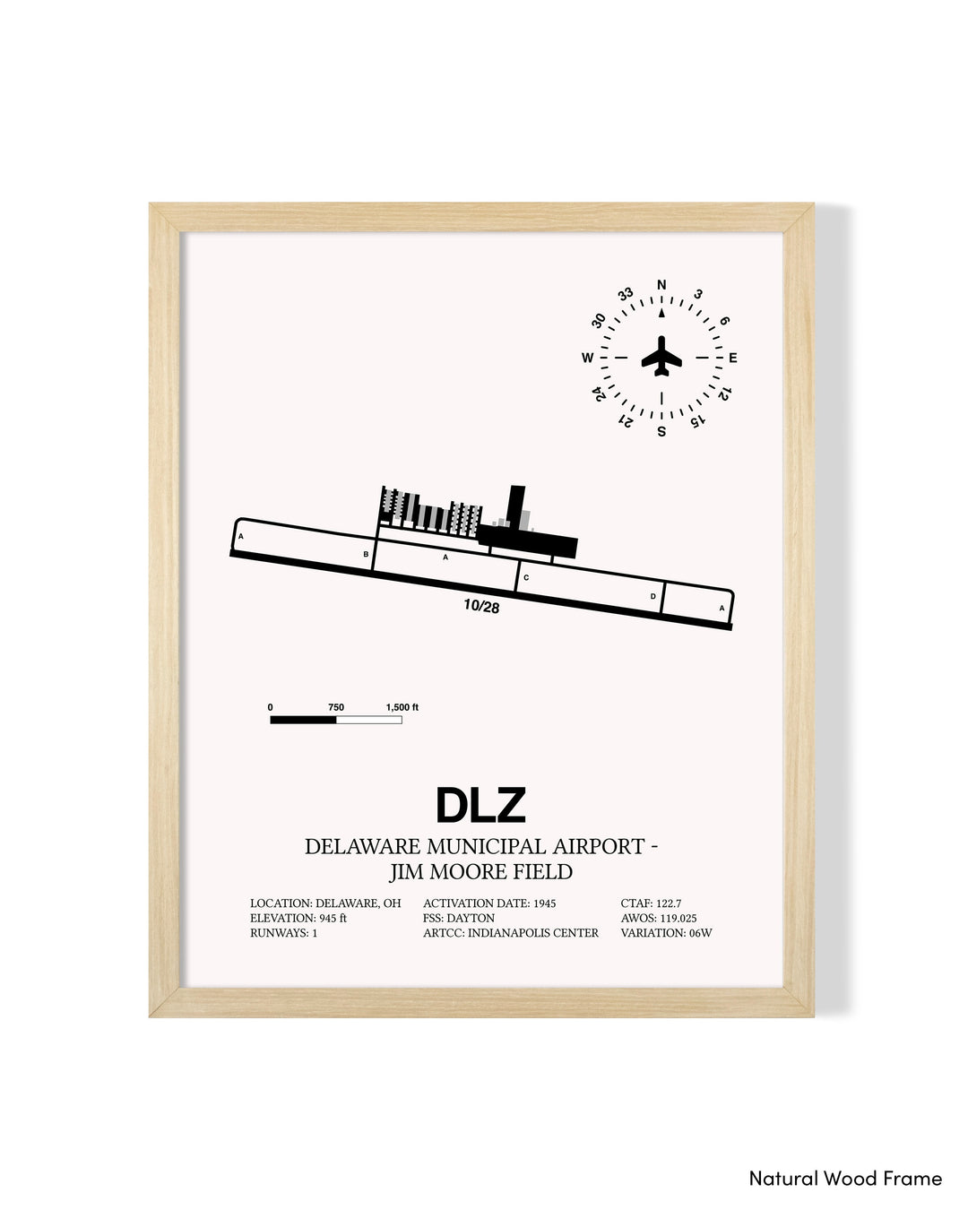 Detailed Airport Map of Delaware Municipal Airport - Jim Moore Field (DLZ) in White with a Natural Frame