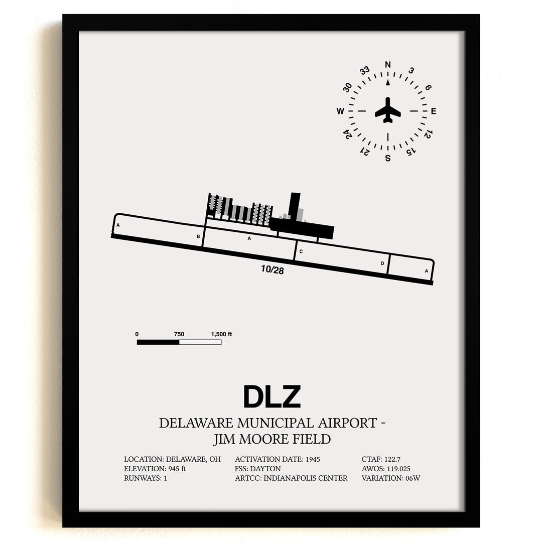 Framed Detailed Airport Map of Delaware Municipal Airport - Jim Moore Field (DLZ) in White with a Black Frame