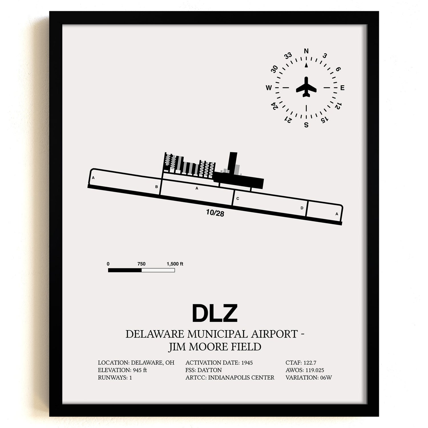 Framed Detailed Airport Map of Delaware Municipal Airport - Jim Moore Field (DLZ) in White with a Black Frame