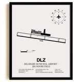 Framed Detailed Airport Map of Delaware Municipal Airport - Jim Moore Field (DLZ) in White with a Black Frame