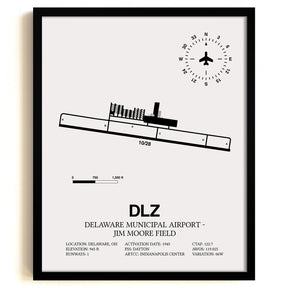 Framed Detailed Airport Map of Delaware Municipal Airport - Jim Moore Field (DLZ) in White with a Black Frame