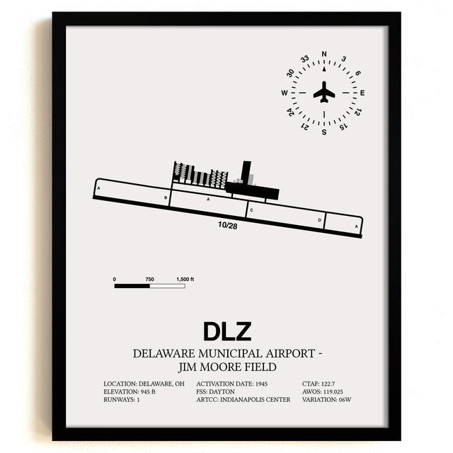 Framed Detailed Airport Map of Delaware Municipal Airport - Jim Moore Field (DLZ) in White with a Black Frame