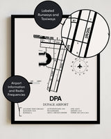 Framed Detailed Airport Map of Dupage Airport (DPA) in White with a Black Frame