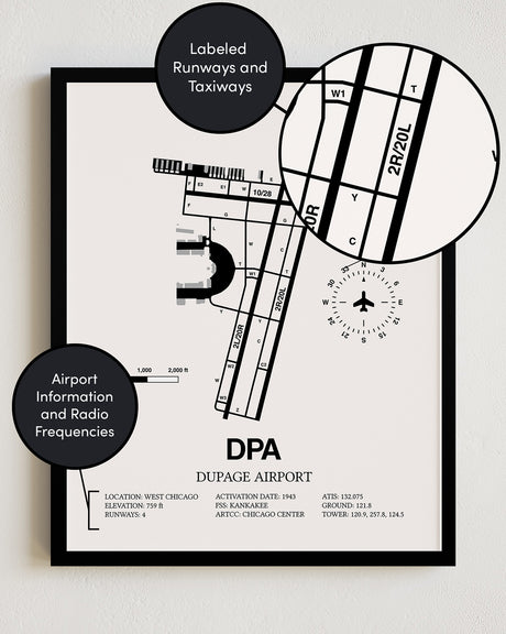 Framed Detailed Airport Map of Dupage Airport (DPA) in White with a Black Frame