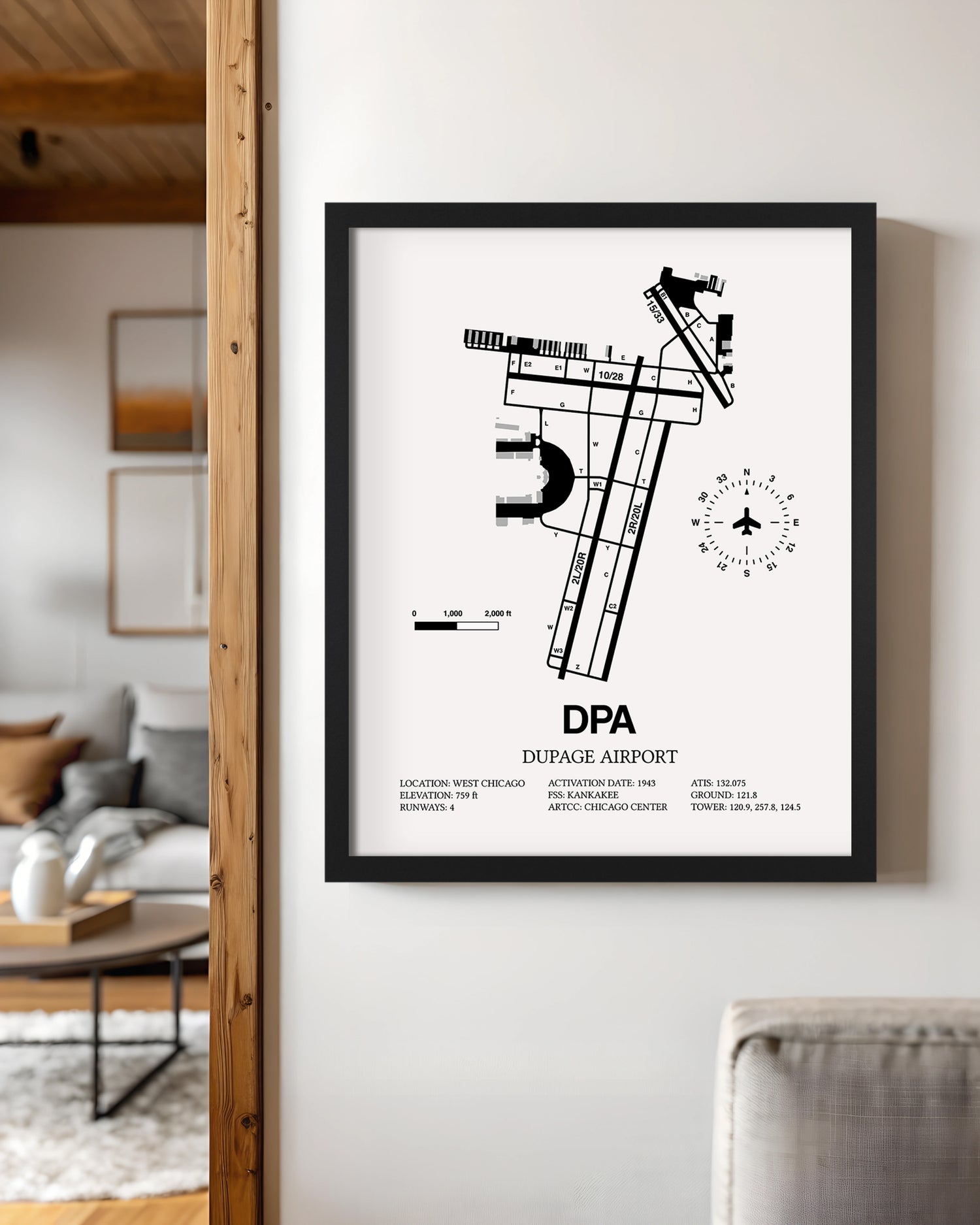 Framed Detailed Airport Map of Dupage Airport (DPA) in White with a Black Frame