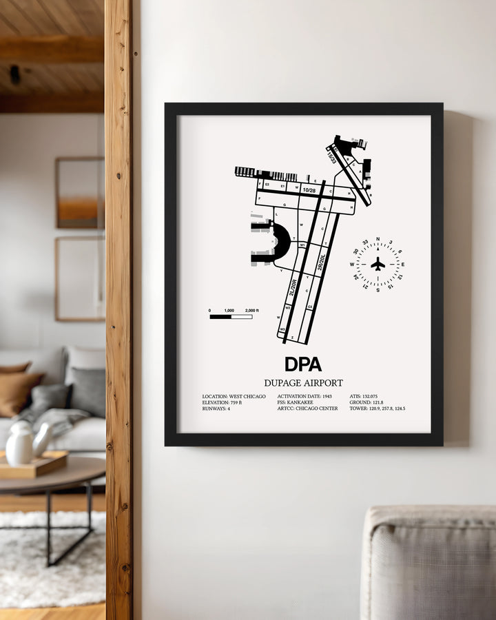 Framed Detailed Airport Map of Dupage Airport (DPA) in White with a Black Frame