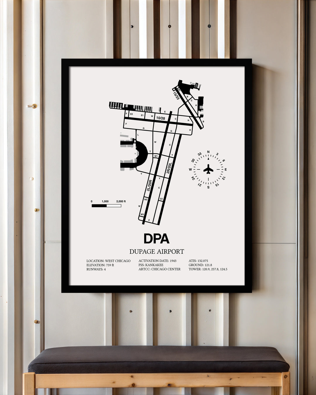 Framed Detailed Airport Map of Dupage Airport (DPA) in White with a Black Frame