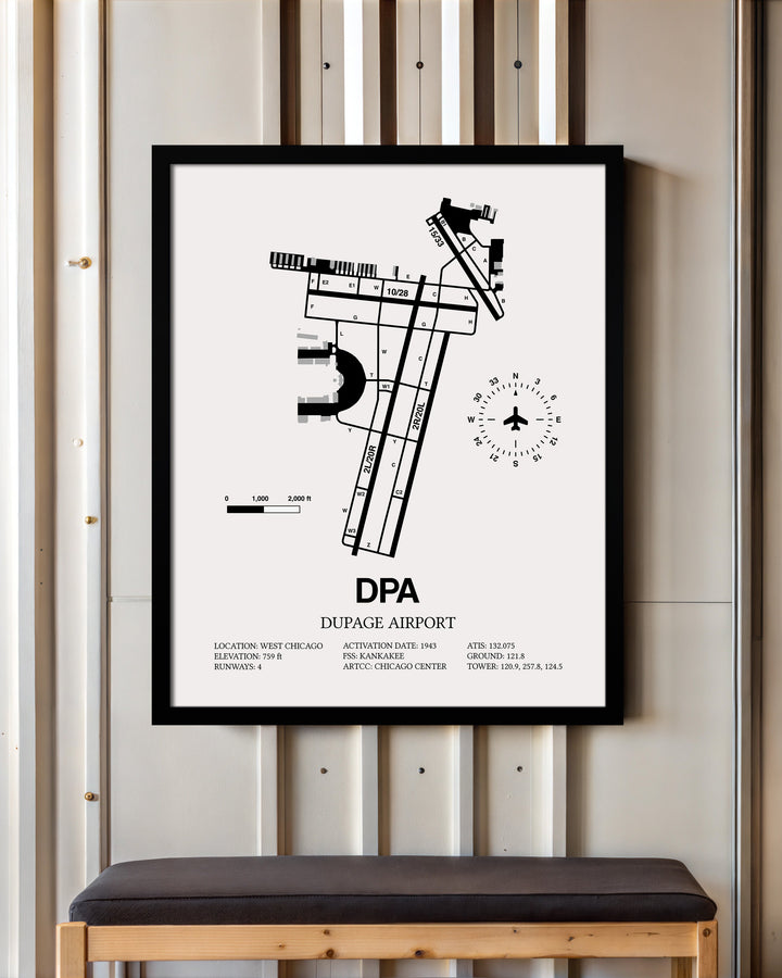 Framed Detailed Airport Map of Dupage Airport (DPA) in White with a Black Frame