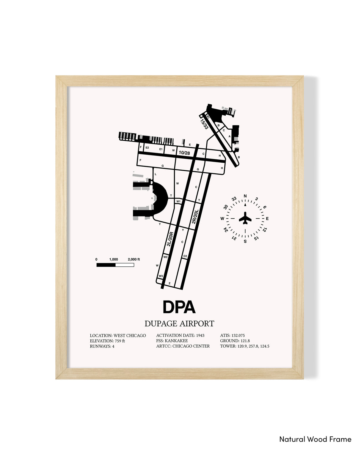 Detailed Airport Map of Dupage Airport (DPA) in White with a Natural Frame