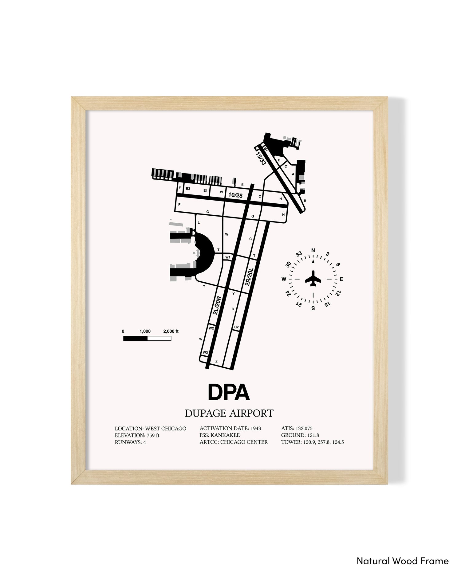 Detailed Airport Map of Dupage Airport (DPA) in White with a Natural Frame