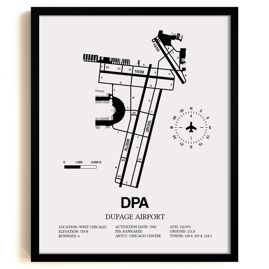 Framed Detailed Airport Map of Dupage Airport (DPA) in White with a Black Frame
