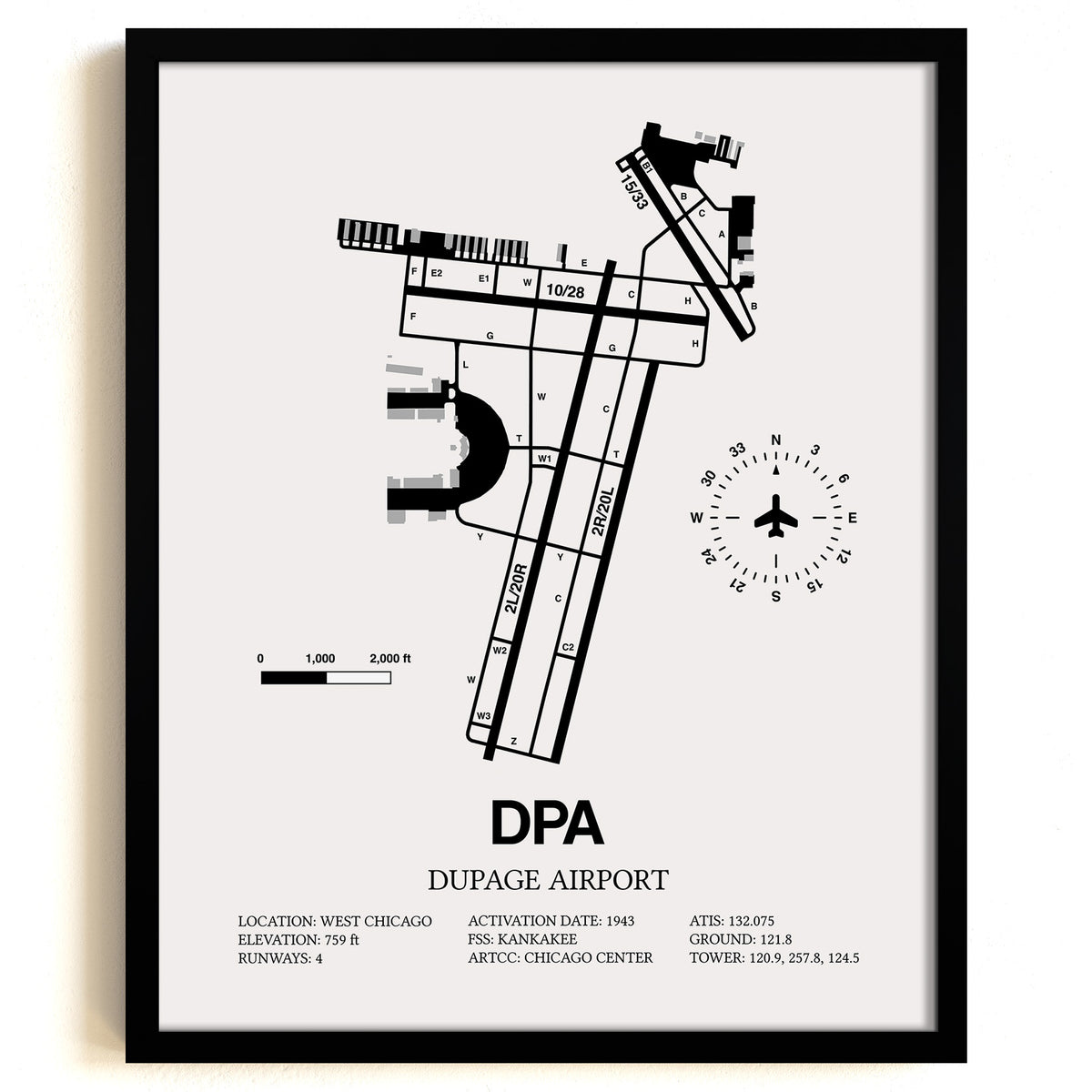 Framed Detailed Airport Map of Dupage Airport (DPA) in White with a Black Frame