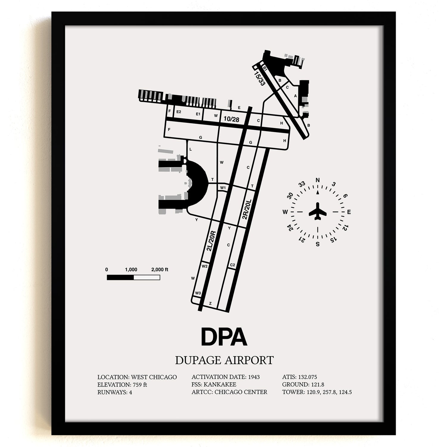 Framed Detailed Airport Map of Dupage Airport (DPA) in White with a Black Frame