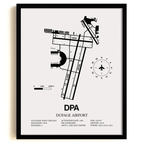 Framed Detailed Airport Map of Dupage Airport (DPA) in White with a Black Frame