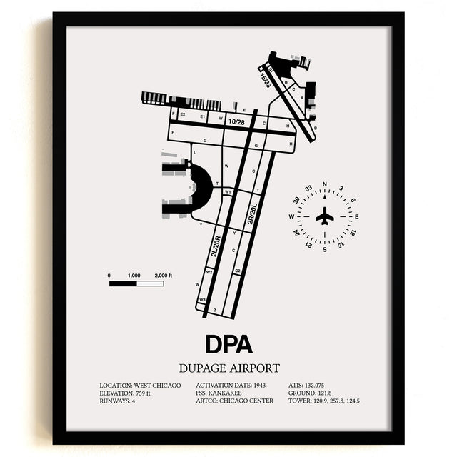 Framed Detailed Airport Map of Dupage Airport (DPA) in White with a Black Frame
