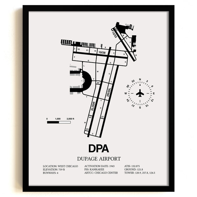 Dupage Airport (DPA) Framed Detailed Airport Map – SkyBirdSupply
