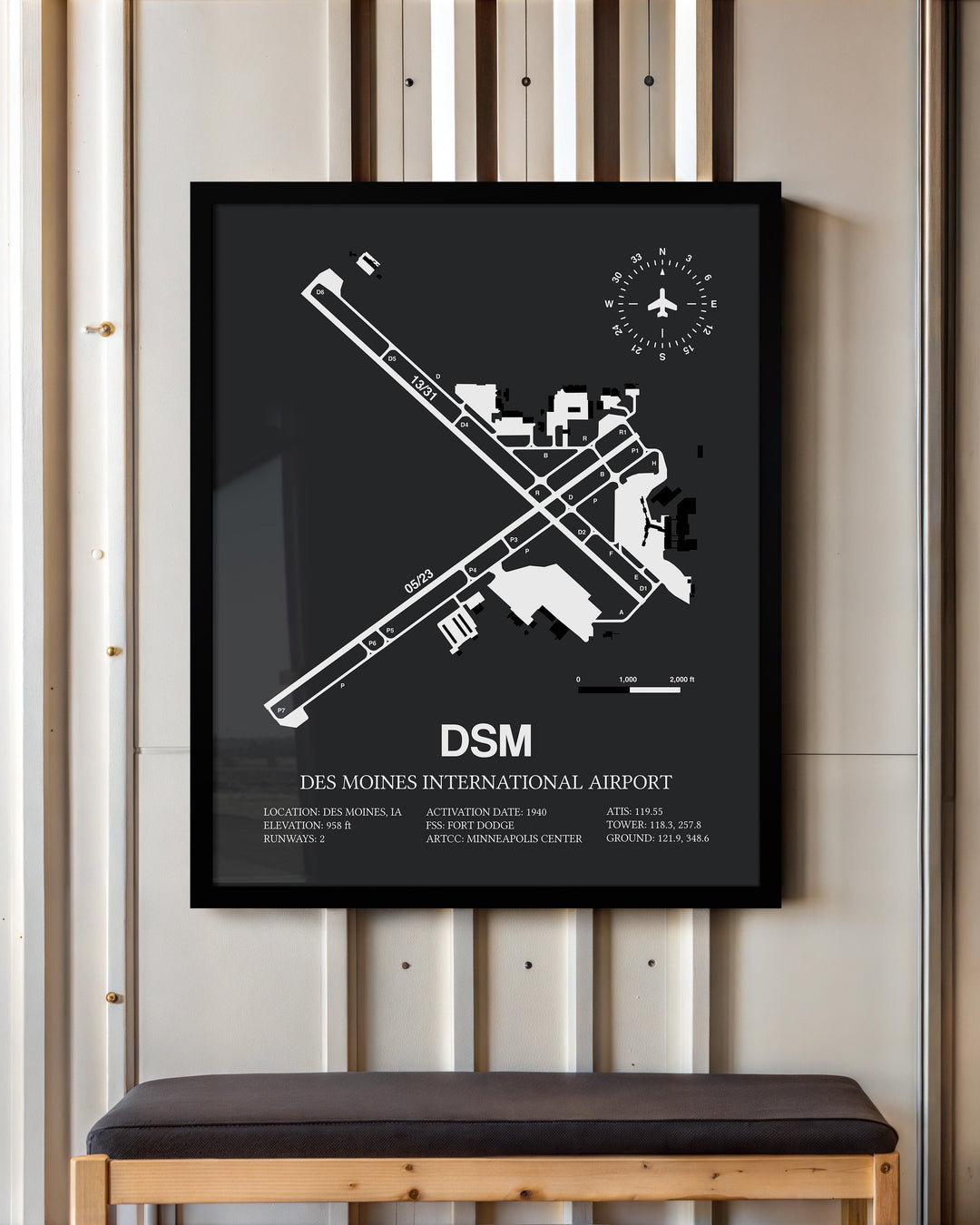 Framed Detailed Airport Map of Des Moines International Airport (DSM) in Gray with a Black Frame