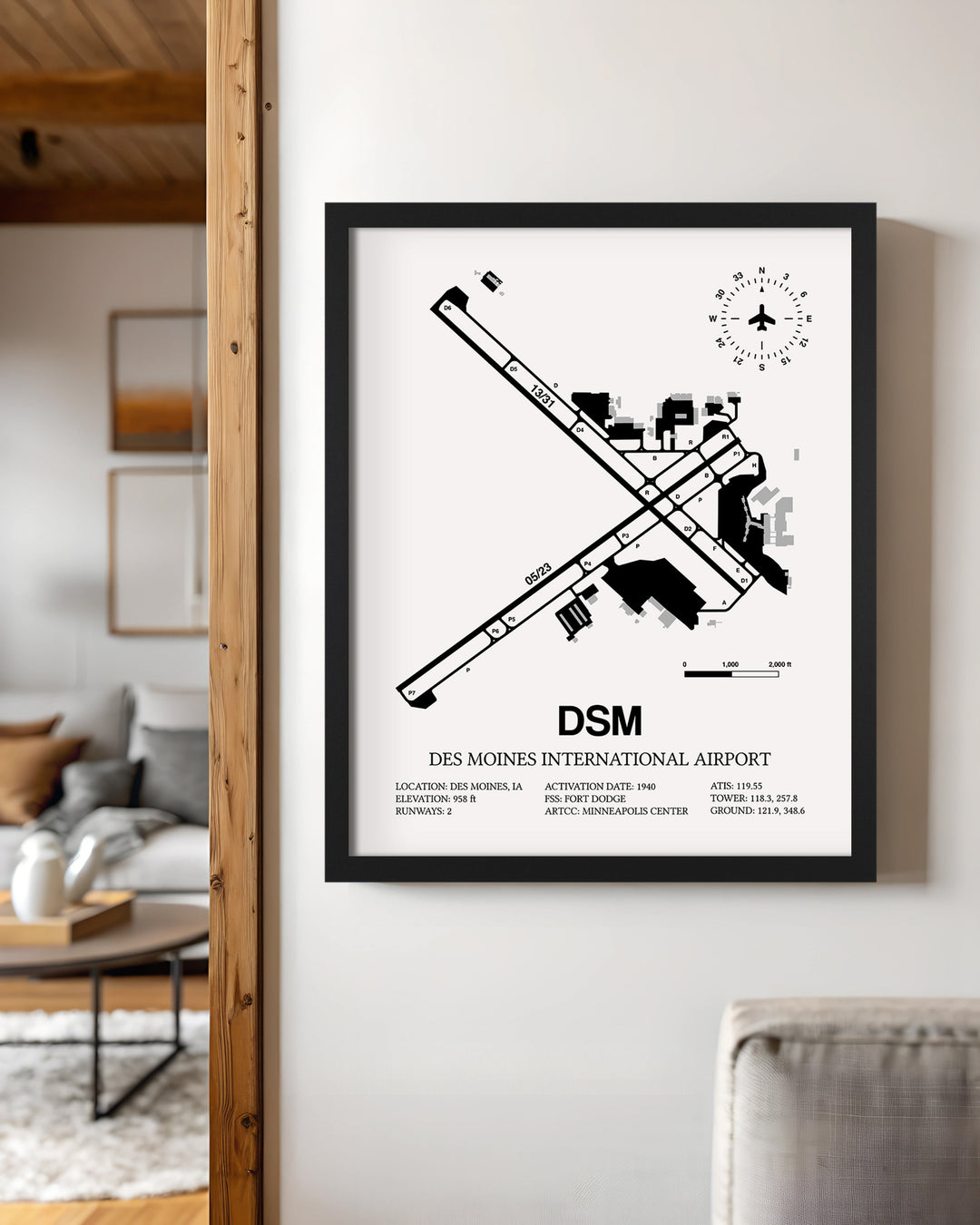 Framed Detailed Airport Map of Des Moines International Airport (DSM) in White with a Black Frame