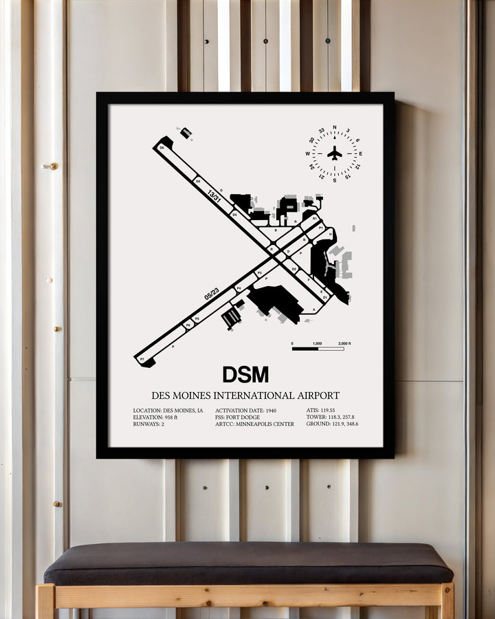 Framed Detailed Airport Map of Des Moines International Airport (DSM) in White with a Black Frame