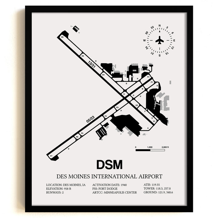 DSM Airport Map, Des Moines International Airport Print