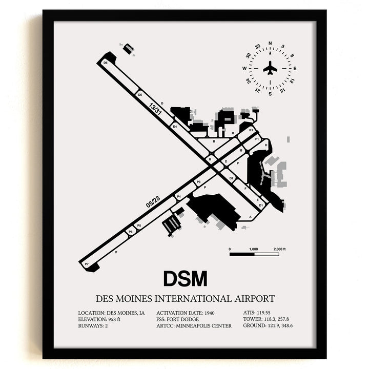 Framed Detailed Airport Map of Des Moines International Airport (DSM) in White with a Black Frame