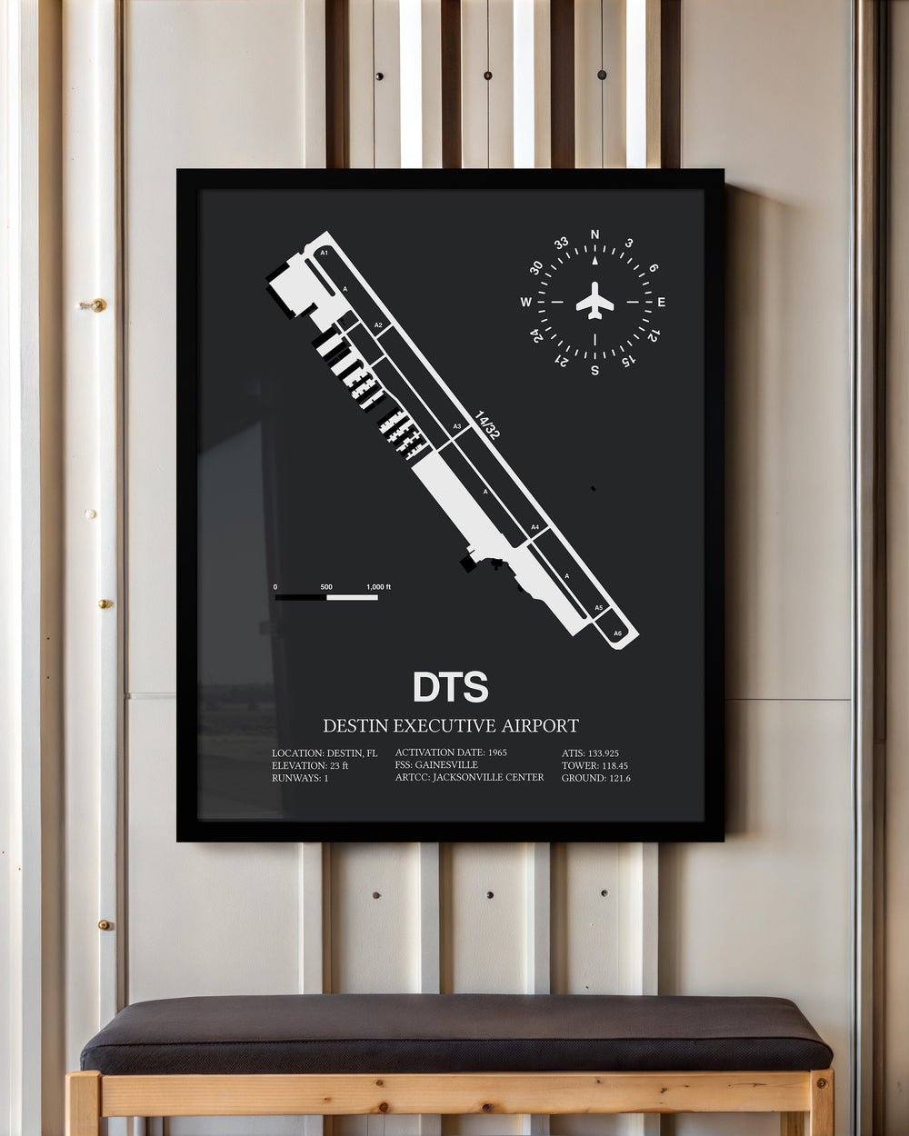 Framed Detailed Airport Map of Destin Executive Airport (DTS) in Gray with a Black Frame