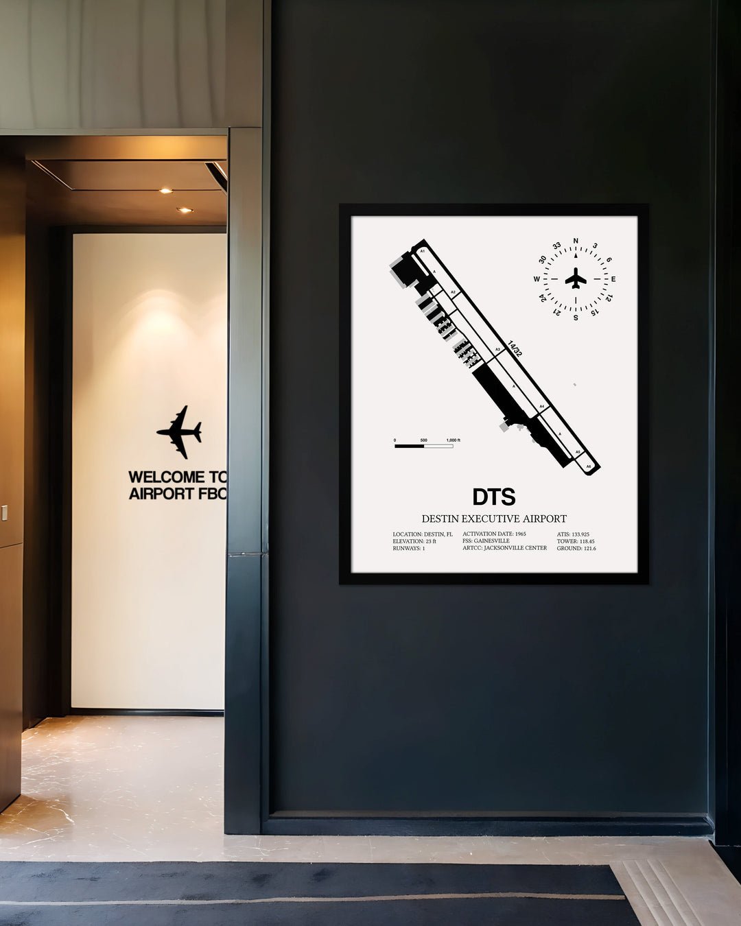 Framed Detailed Airport Map of Destin Executive Airport (DTS) in White with a Black Frame