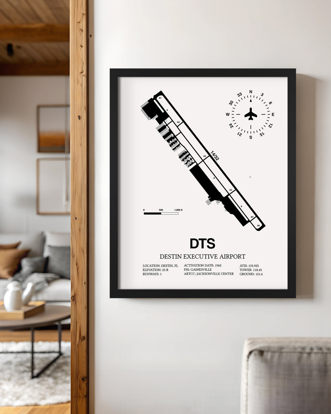 Framed Detailed Airport Map of Destin Executive Airport (DTS) in White with a Black Frame