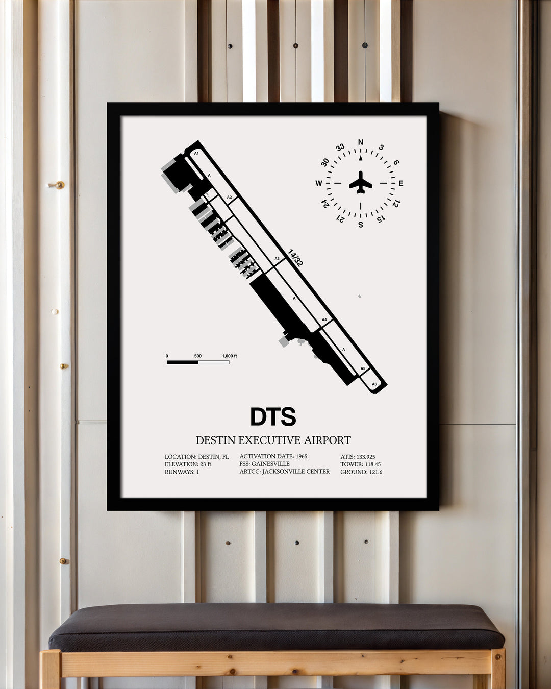 Framed Detailed Airport Map of Destin Executive Airport (DTS) in White with a Black Frame