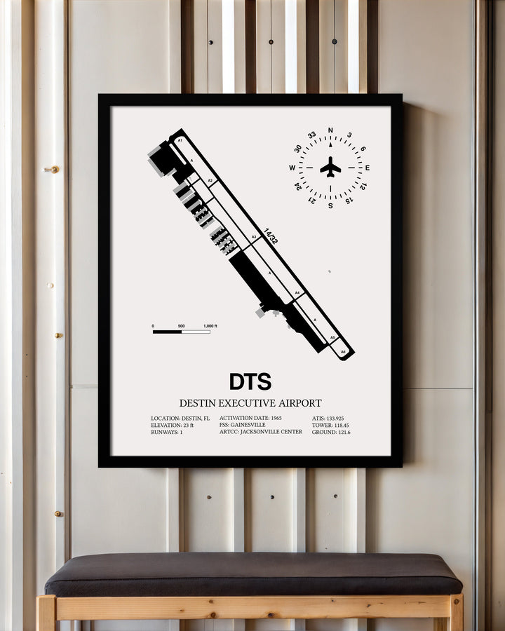 Framed Detailed Airport Map of Destin Executive Airport (DTS) in White with a Black Frame
