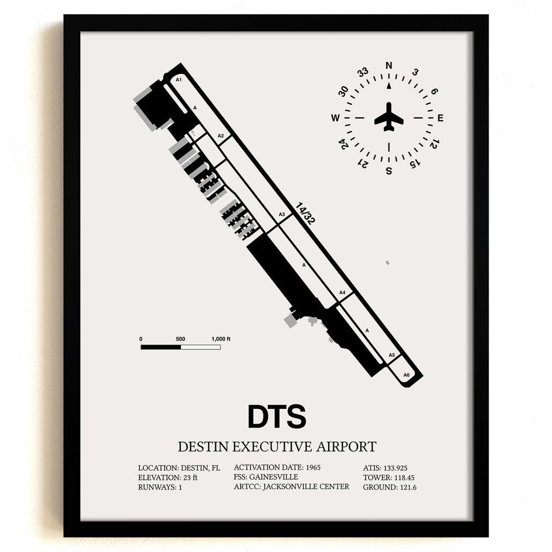 Framed Detailed Airport Map of Destin Executive Airport (DTS) in White with a Black Frame