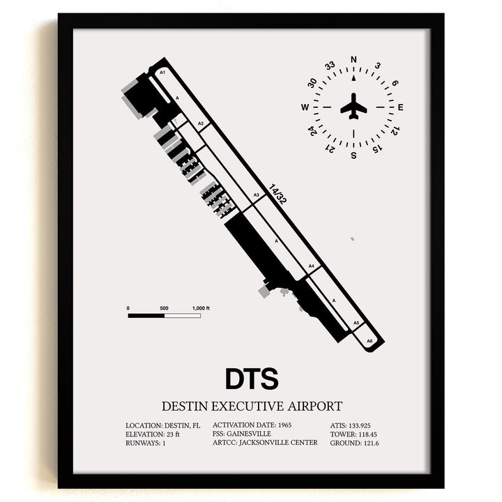 Framed Detailed Airport Map of Destin Executive Airport (DTS) in White with a Black Frame