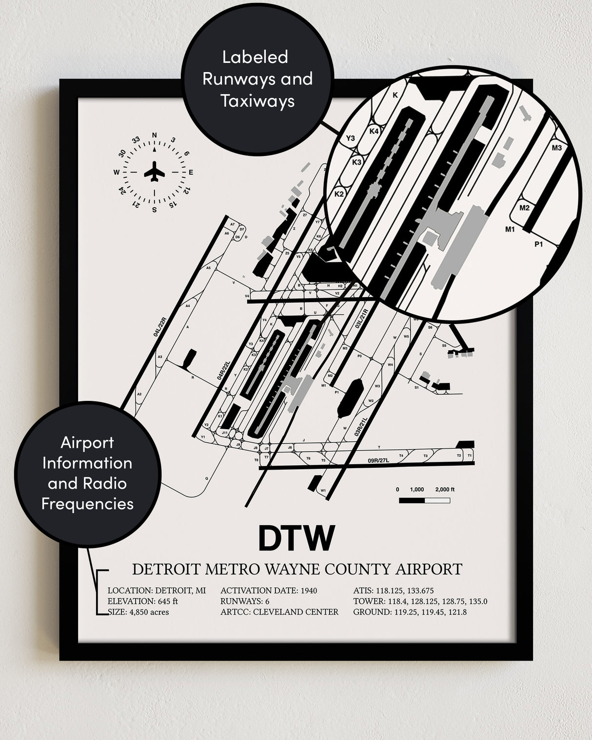 Framed Detailed Airport Map of Detroit Metropolitan Wayne County Airport (DTW) in White with a Black Frame