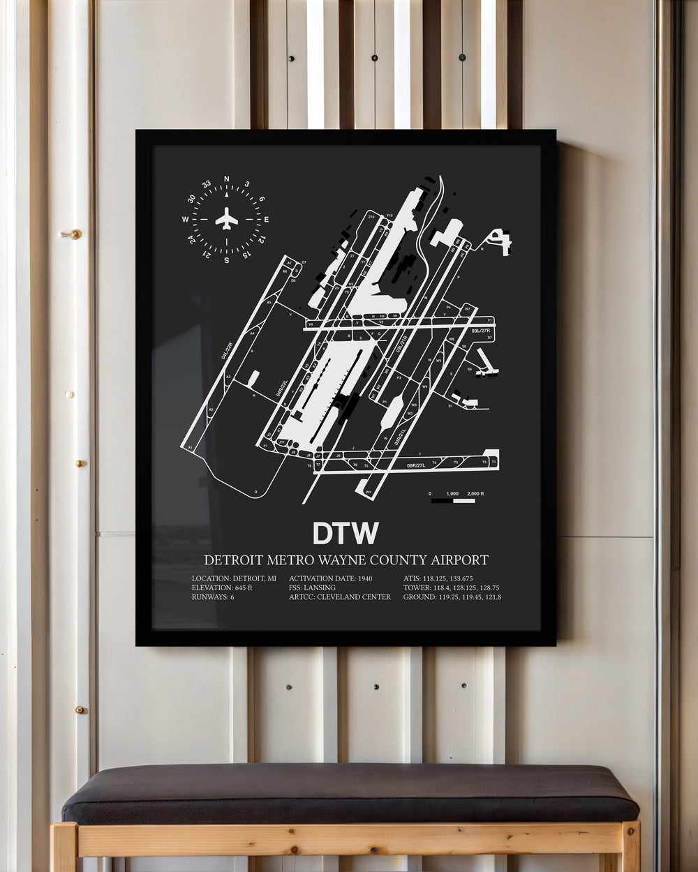 Framed Detailed Airport Map of Detroit Metropolitan Wayne County Airport (DTW) in Gray with a Black Frame