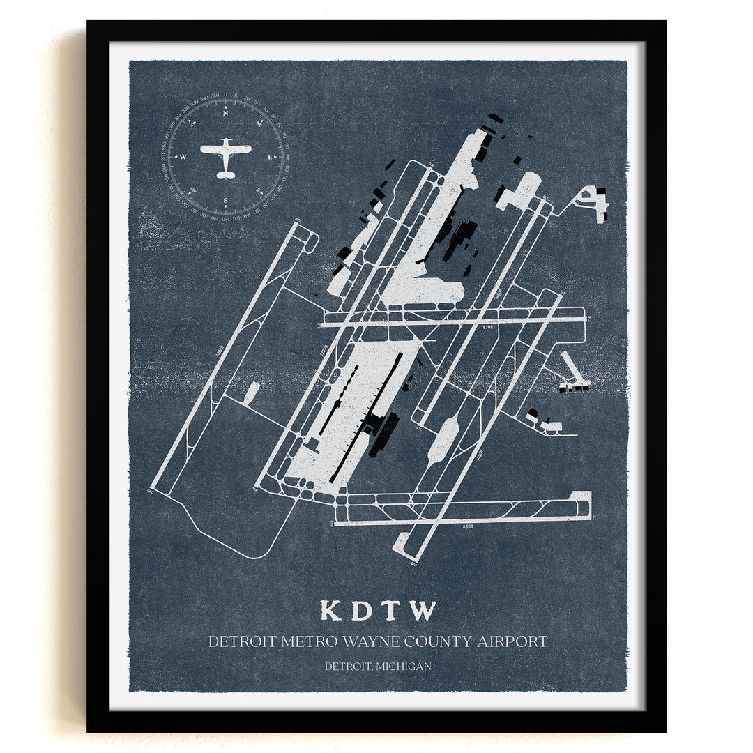 DTW Airport Map, Vintage Style, Detroit Metro Wayne County Airport Print