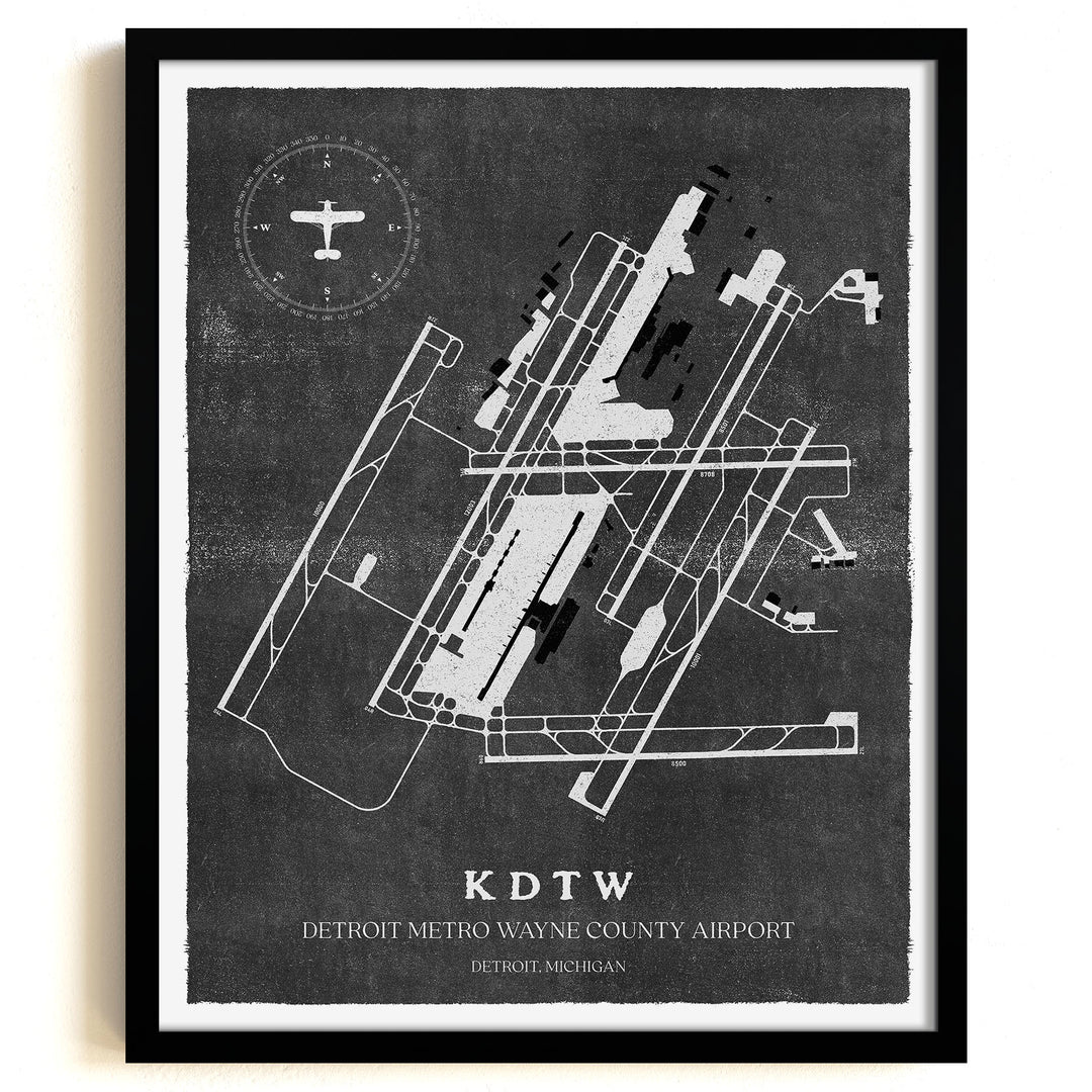 DTW Airport Map, Vintage Style, Detroit Metro Wayne County Airport Print