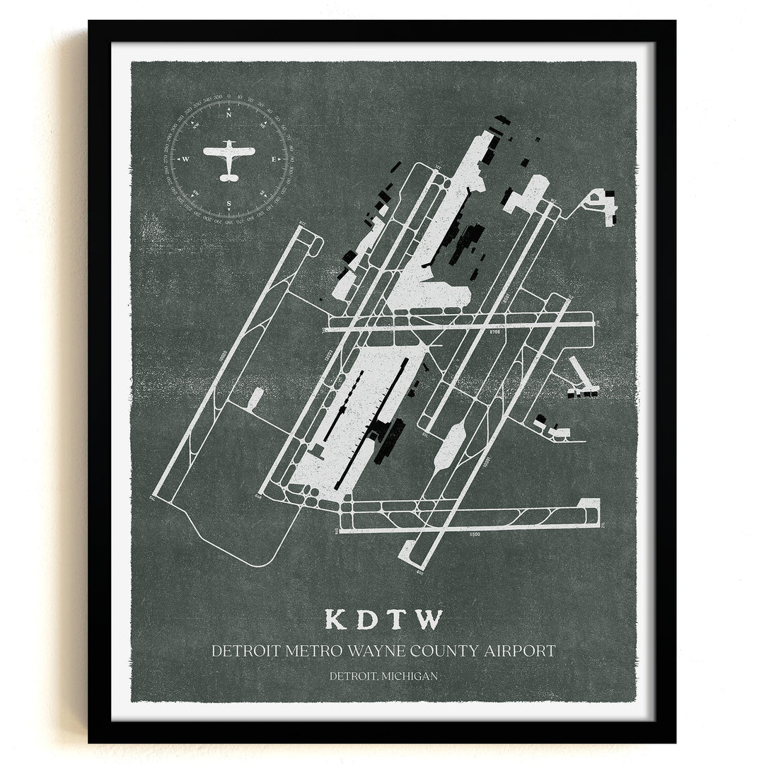 DTW Airport Map, Vintage Style, Detroit Metro Wayne County Airport Print