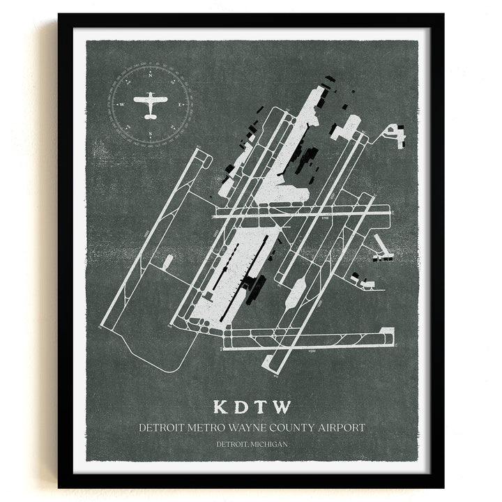 DTW Airport Map, Vintage Style, Detroit Metro Wayne County Airport Print
