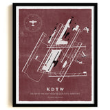 DTW Airport Map, Vintage Style, Detroit Metro Wayne County Airport Print